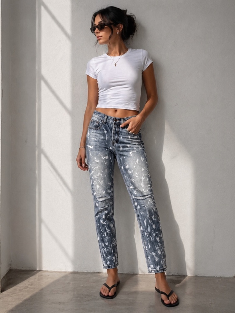 MNML Paint Splatter Jeans 28 Distressed Straight Slim Light Wash Unisex